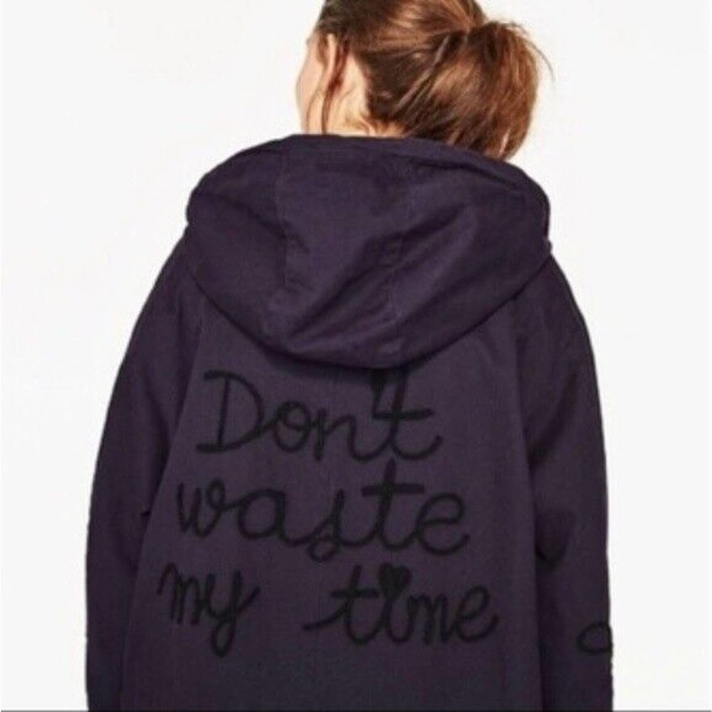 Zara Don't Waste My Time Navy Utility Jacket Size XS Patches Applique READ Rare - Picture 3 of 7